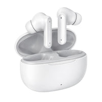 White wireless earbuds with charging case on a white background