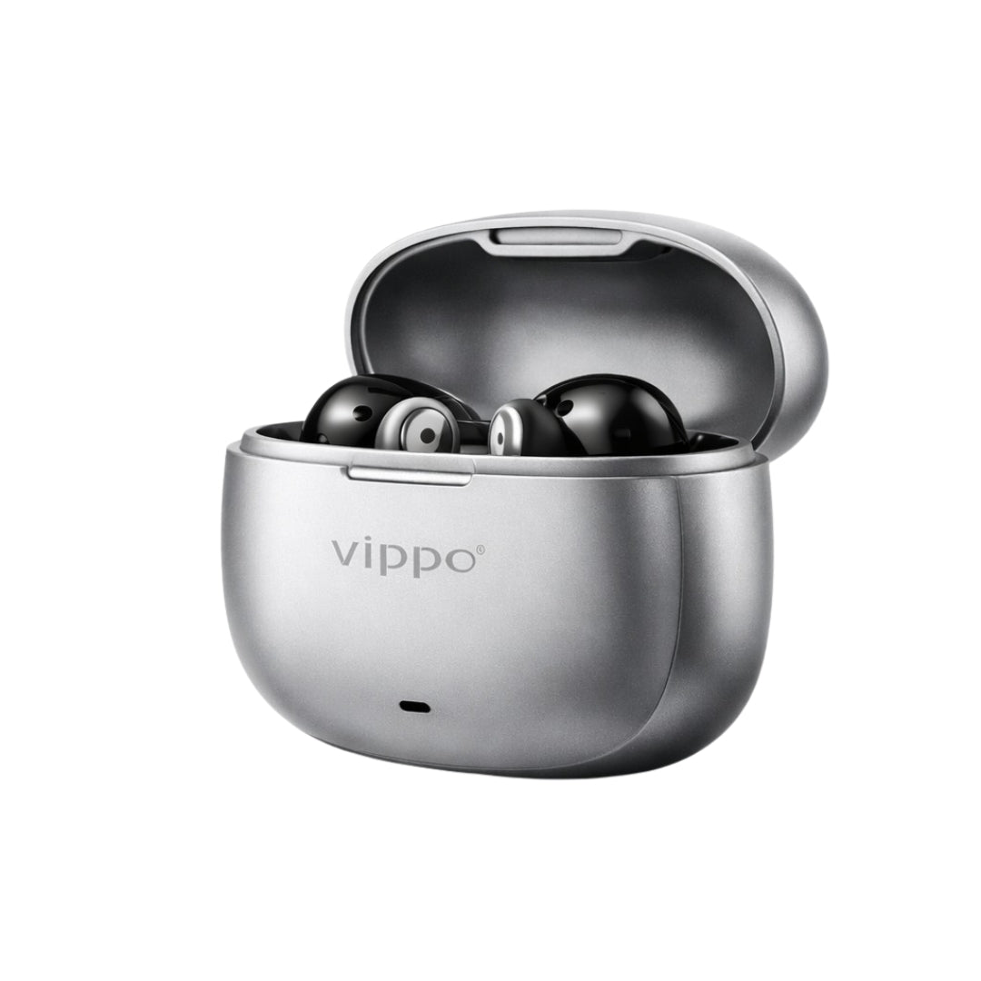 Silver Vippo wireless earbuds in charging case on a white background
