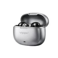 Silver Vippo wireless earbuds in charging case on a white background